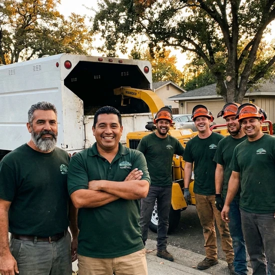Tree service owner and crew with chip truck on a Tucson street